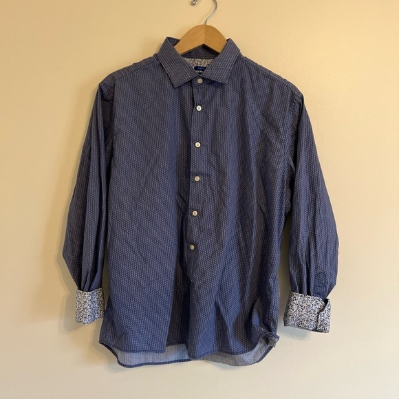 Egara Mens Button Down Shirt XL Blue Print LongSleeve Cotton Floral Reverse Cuff - Picture 14 of 15